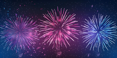 Three vibrant explosions of fireworks light up the night sky.