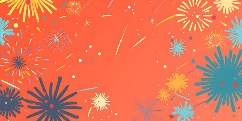 Colorful abstract fireworks explode across a vibrant coral background.
