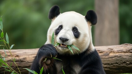Giant Panda Enjoying a Bamboo Meal in Lush Greenery.