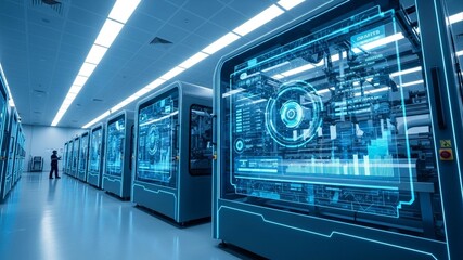Futuristic Data Center with Advanced Technology and Server Racks.