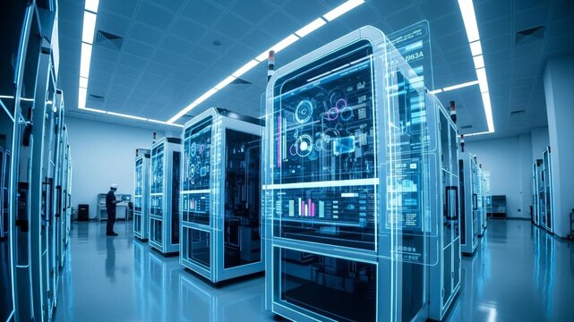 Futuristic Data Center with Advanced Server Racks and Visualizations.