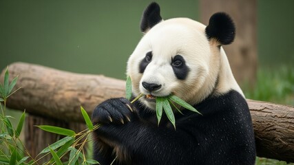 Giant panda enjoying a meal of bamboo leaves in its habitat.