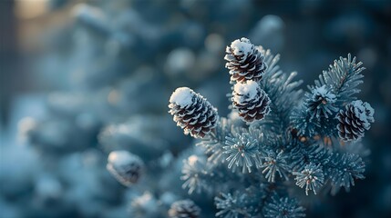 Frosted blue pine branch with sparkling winter atmosphere, magical Christmas theme ideal for holiday cards, seasonal decoration, and festive background designs