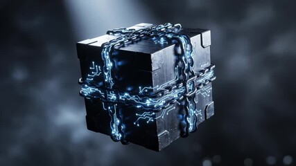 Cybernetic Box Rotation With Digital Circuitry and Metallic Chains - Powered by Adobe