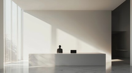 Minimalist Reception Area with Person and Laptop Under Sunlight.