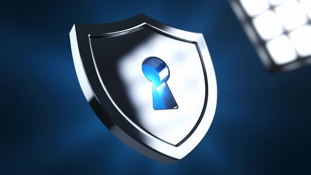 Shield Icon Rotating to Show Security Concept on Blue Background