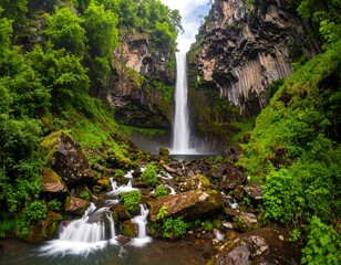 A powerful cascade descends dramatically into a serene, rocky pool