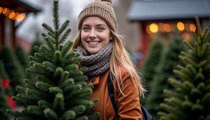 Smiling young woman with  Christmas tree at Christmas tree market
