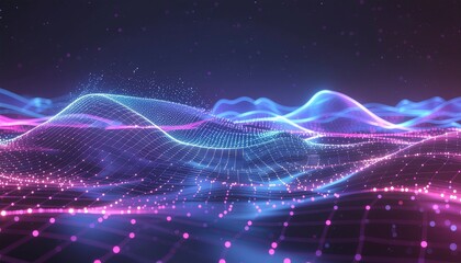 Obraz premium 輝くデジタル波が広がる未来景色