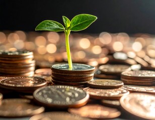 Small green sprout growing atop a stack of coins