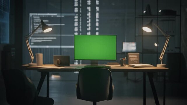 smooth pull-out shot from a green screen monitor on a data scientist's desk. the dark background shows code and data. great for tech and it.
