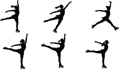 Figure, skating, silhouette, skater, ice, dance, pose, motion, elegance, balance, winter, sport, athlete, vector, illustration, ponytail, routine, performance, artistry, glide