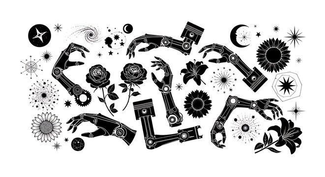 Set of black and white illustrations featuring robotic arms, flowers, and celestial elements.