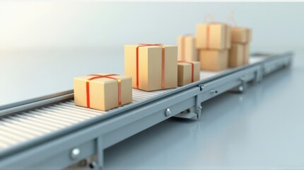 Small Gift Boxes with Red Ribbons Moving Along Conveyor Belt in Industrial Setting
