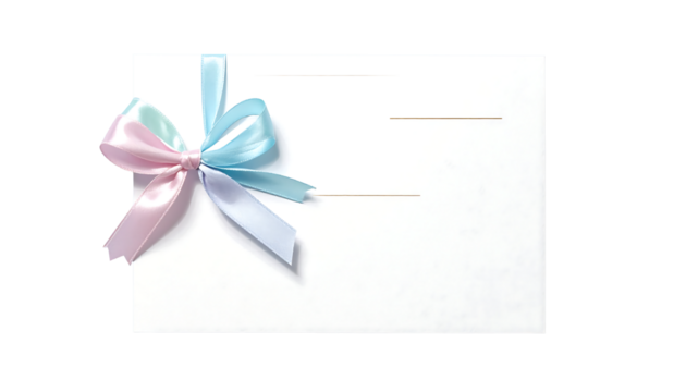 A pastel ribbon bow with pink, blue, and white colors on a blank white card with lines, isolated cutout - Powered by Adobe