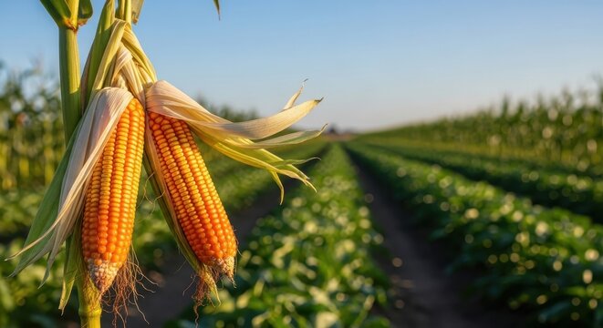 A close up view of golden ripe corn in a summer field