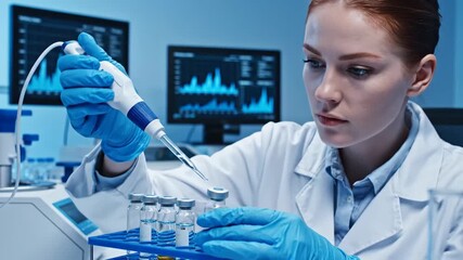 Focused scientist meticulously pipetting liquid into research vials within a modern laboratory setting - Powered by Adobe
