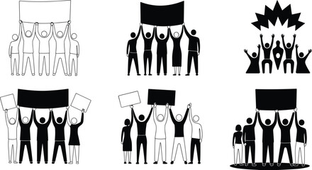 Silhouetted groups of people holding blank protest banners and signs, representing activism, unity, public demonstrations, social movements
