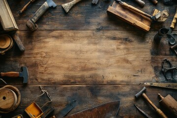 Vintage Tools Arranged on Worn Wooden Surface: A Rustic Craftsman's Workshop