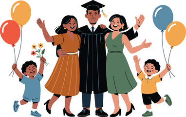 Graduation celebration with family, smiling graduate, proud parents, happy children, balloons, flowers, milestone moment, joy, support, achievement, festive scene