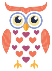 Obraz premium Cute cartoon owl illustration with heart shapes and bright colors