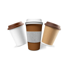 Three Assorted Paper Coffee Cups with Lids on Black Background