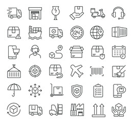 Set of collection line icons related Delivery, Logistic, Cargo. Editable stroke. Perfect pixel on transparent background