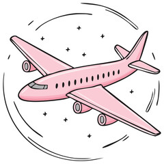 Fototapeta premium Stylish Pink Airplane Cartoon Illustration Flying in Space with Line Circle Accents and Star Details