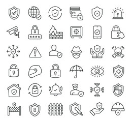Set of collection line icons related Security, Protection. Editable stroke. Perfect pixel on transparent background