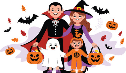 Halloween family costumes, cartoon illustration, vampire, witch, ghost, pumpkin outfit, candy buckets, bats, jack-o'-lanterns, autumn leaves, festive joy