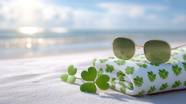 Saint Patrick's Day Sunglasses and clovers on a sandy beach with ocean backdrop.