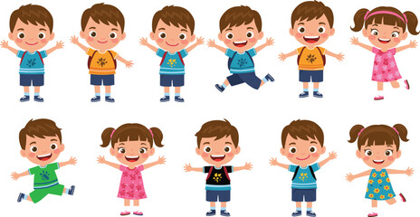 Happy cartoon children, colorful outfits, joyful expressions, playful poses, school kids, cheerful group, fun illustration, educational design, vibrant characters, smiling faces