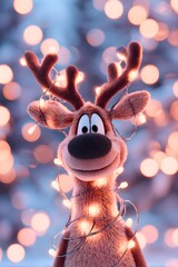 Cute cartoon reindeer with antlers wrapped in glowing christmas lights against bokeh background
