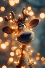 Adorable cartoon reindeer with festive christmas lights wrapped around its antlers and neck