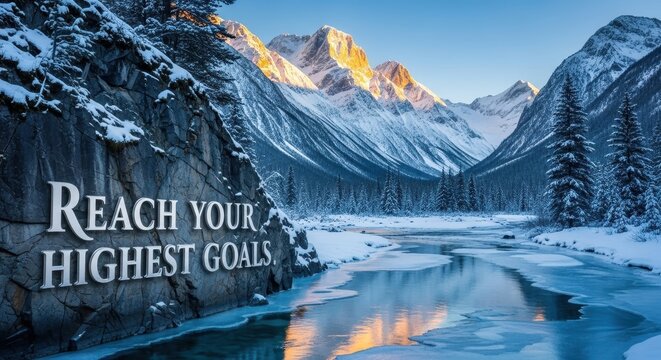 Winter landscape of snowy mountains next to a calm river
