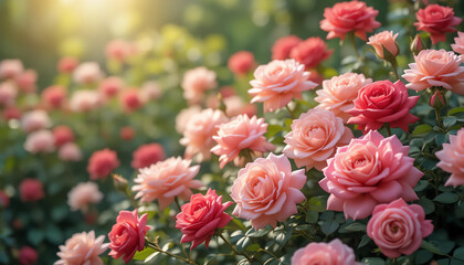 colorful rose garden with pink, red, white and peach roses, dreamy lighting, lush green