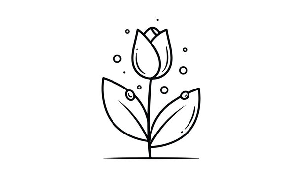 Simple hand drawn outline of a single tulip flower with leaves and dots - Powered by Adobe