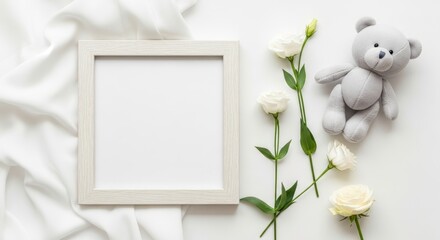 White picture frame with flowers on a clean background
