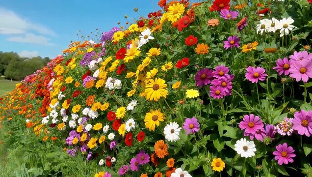 vivid Ultra HD 4K zoom in colorful wall filled blooming flowers capturing rich natural textures vibrant hues perfect botanical stock footage artistic backgrounds nature themed visual projects