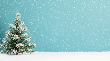 Christmas tree covered in snow with falling snowflakes on a blue background, offering copy space for winter and holiday themes