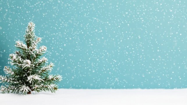 Christmas tree covered in snow with falling snowflakes on a blue background, offering copy space for winter and holiday themes