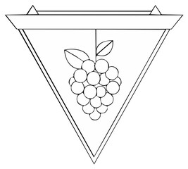 Outline triangular emblem with dangling grape bunch and leaves