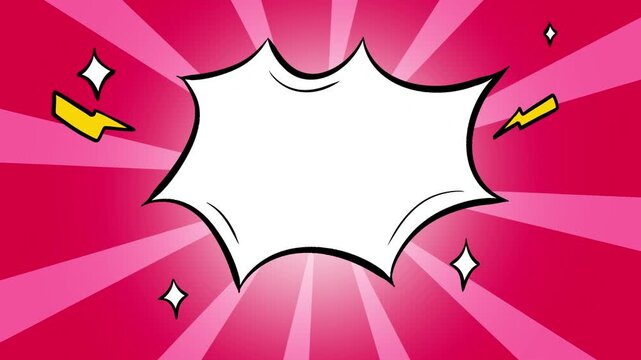 Bubble chat for text with magenta spinning background pop art style video. Comic pop art bubble chat with doodle lightning bolt.