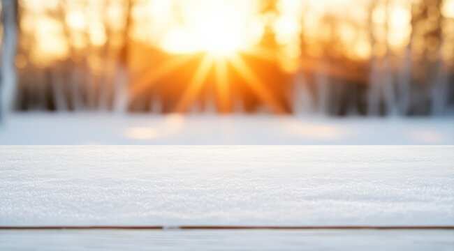 Snow covered wooden table surface in winter, with a warm golden sun setting through a blurred forest background and copy space
