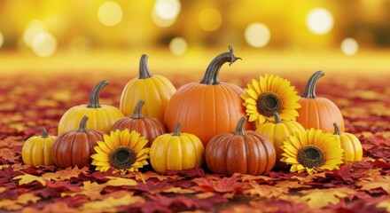 A collection of pumpkins and sunflowers in autumn sunlight
