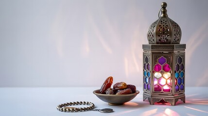 A traditional islamic lantern with colorful glass panels and a bowl of dates, symbolizing ramadan and iftar, isolated on white background
