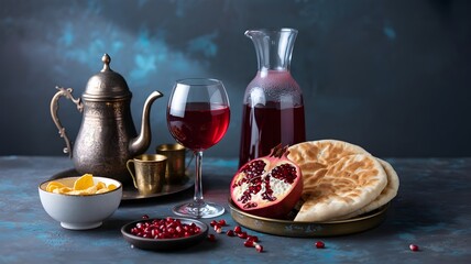 A still life composition featuring a glass of red wine, a decanter of juice, a halved pomegranate, flatbread, a bowl of butter, and a vintage teapot