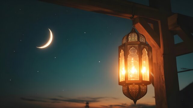 A glowing ornate lantern hangs against a twilight sky with a crescent moon and stars, evoking a sense of ramadan or islamic celebration