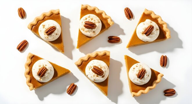 Bright commercial dessert spread with pumpkin pie slices, whipped cream, cinnamon, and pecans on a seamless white surface, featuring soft shadows and wide negative space.