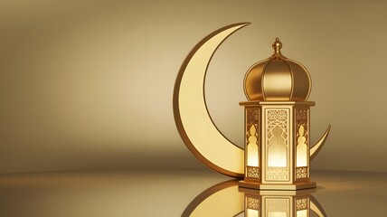 Golden crescent moon and ornate lantern symbolizing ramadan and islamic celebrations, with a reflective surface and warm lighting